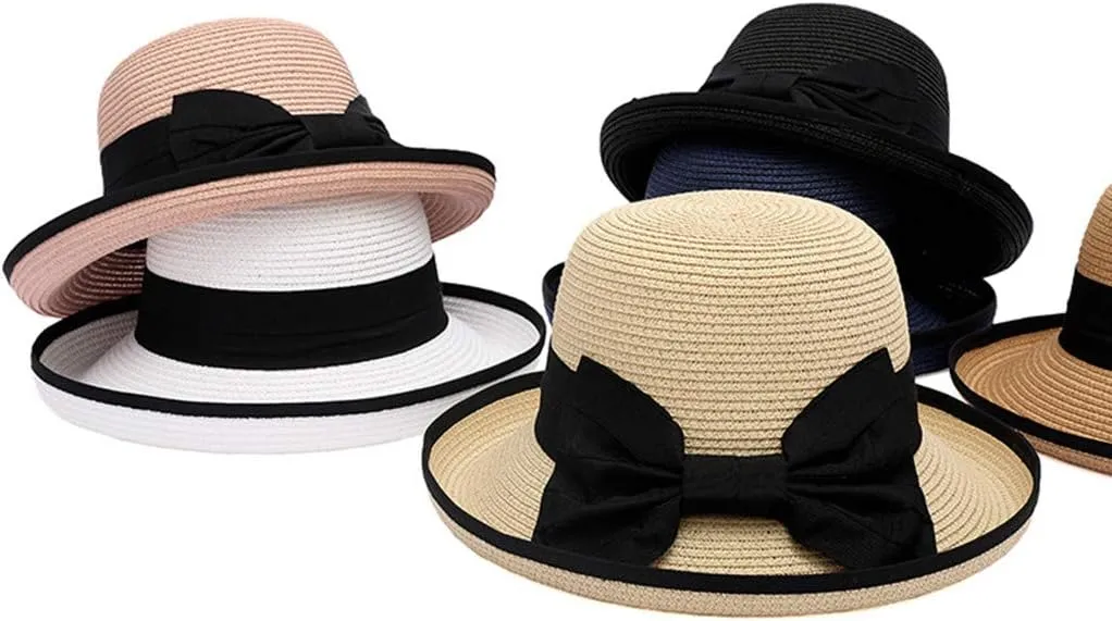 Derby Hat Womens Tea Party British Wide Brim Bowler Hat with Bow Vintage Elegant Flower Summer Beach Bucket Caps