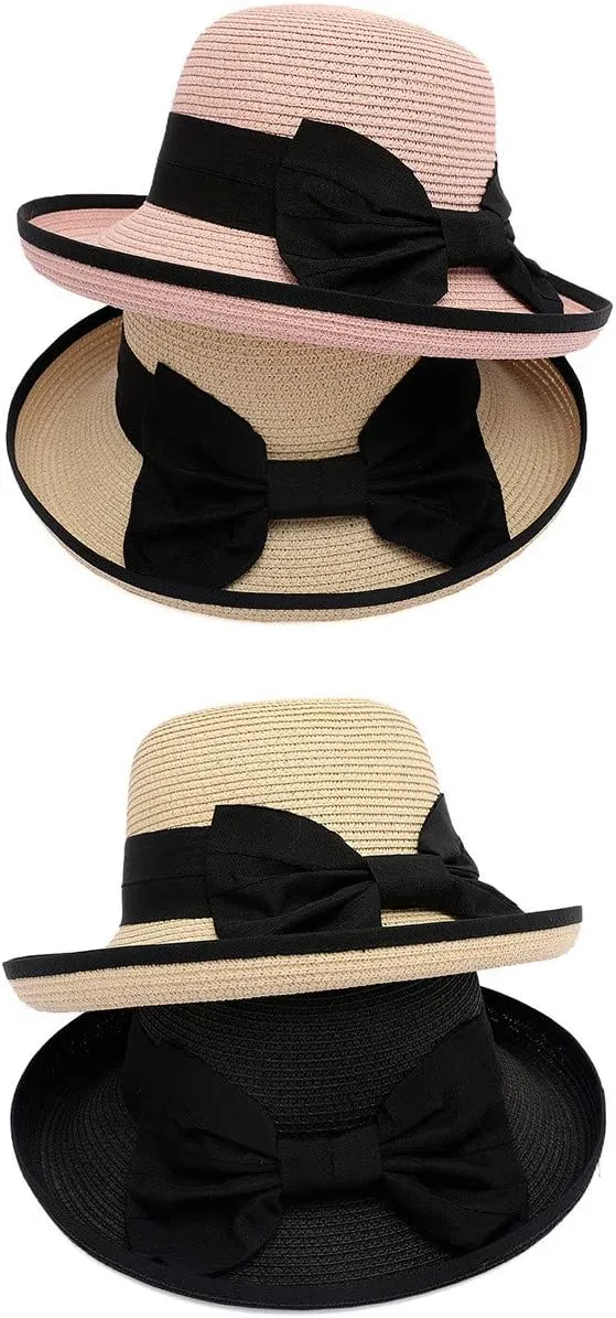 Derby Hat Womens Tea Party British Wide Brim Bowler Hat with Bow Vintage Elegant Flower Summer Beach Bucket Caps
