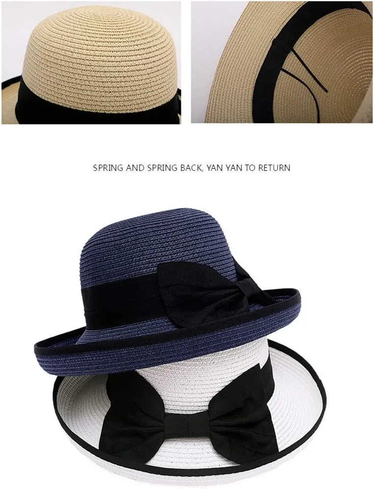 Derby Hat Womens Tea Party British Wide Brim Bowler Hat with Bow Vintage Elegant Flower Summer Beach Bucket Caps