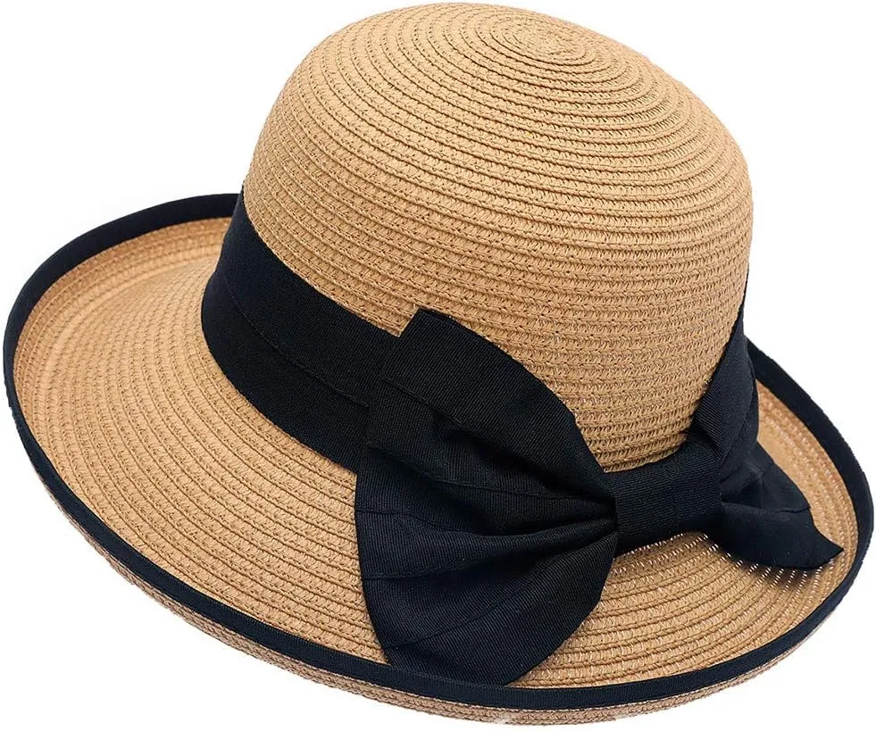 Derby Hat Womens Tea Party British Wide Brim Bowler Hat with Bow Vintage Elegant Flower Summer Beach Bucket Caps