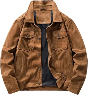 Disimlarl Men Faux Suede Windbreaker Jackets Solid Zipper Cargo Work Jackets Lightweight Lapel Casual Outwear