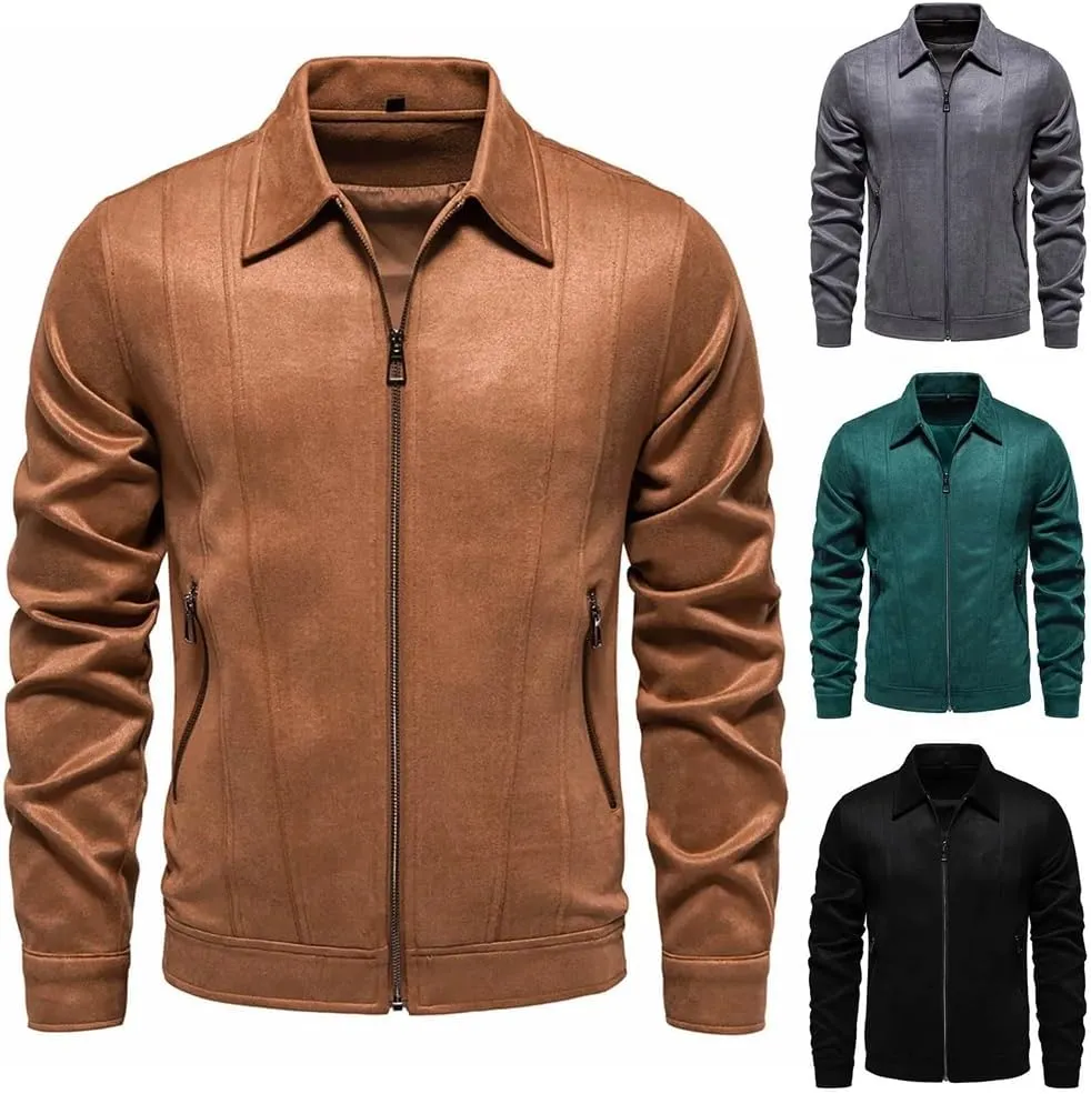 Disimlarl Men Suede Windbreaker Jackets Full Zipper Casual Jackets Lightweight Classic Lapel Solid Trucker Coat