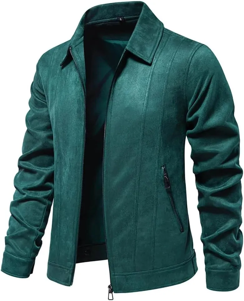 Disimlarl Men Suede Windbreaker Jackets Full Zipper Casual Jackets Lightweight Classic Lapel Solid Trucker Coat