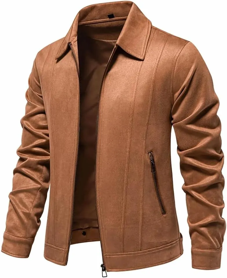 Disimlarl Men Suede Windbreaker Jackets Full Zipper Casual Jackets Lightweight Classic Lapel Solid Trucker Coat
