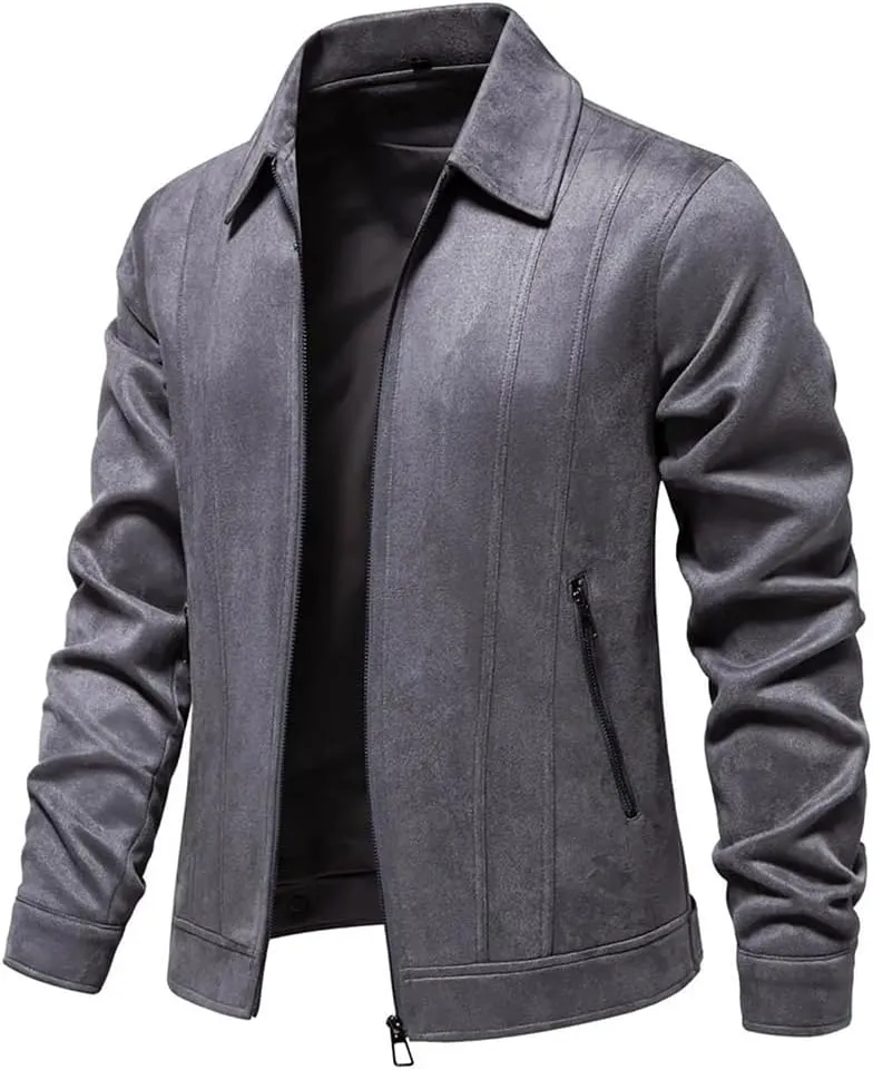 Disimlarl Men Suede Windbreaker Jackets Full Zipper Casual Jackets Lightweight Classic Lapel Solid Trucker Coat