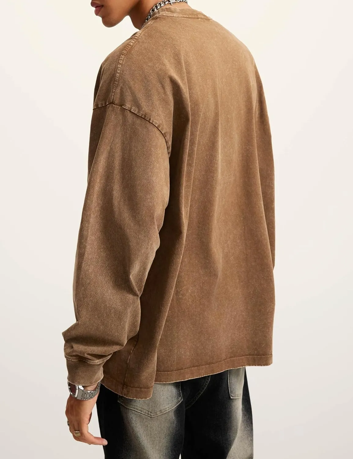 Dnzzs Men's Oversized T-Shirts Long Sleeve Crew Neck Sweatshirt Acid Wash Basic Cotton Tees Vintage Streetwear Tee Tops