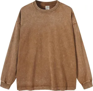 Dnzzs Men's Oversized T-Shirts Long Sleeve Crew Neck Sweatshirt Acid Wash Basic Cotton Tees Vintage Streetwear Tee Tops