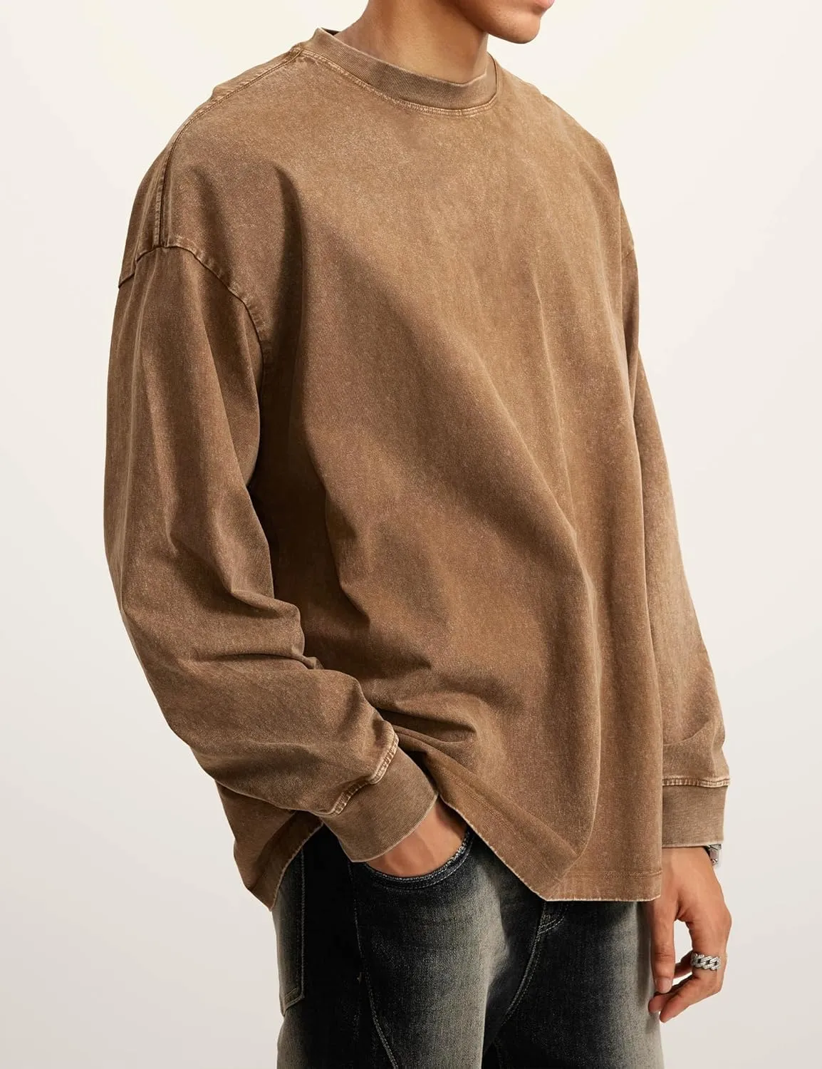 Dnzzs Men's Oversized T-Shirts Long Sleeve Crew Neck Sweatshirt Acid Wash Basic Cotton Tees Vintage Streetwear Tee Tops