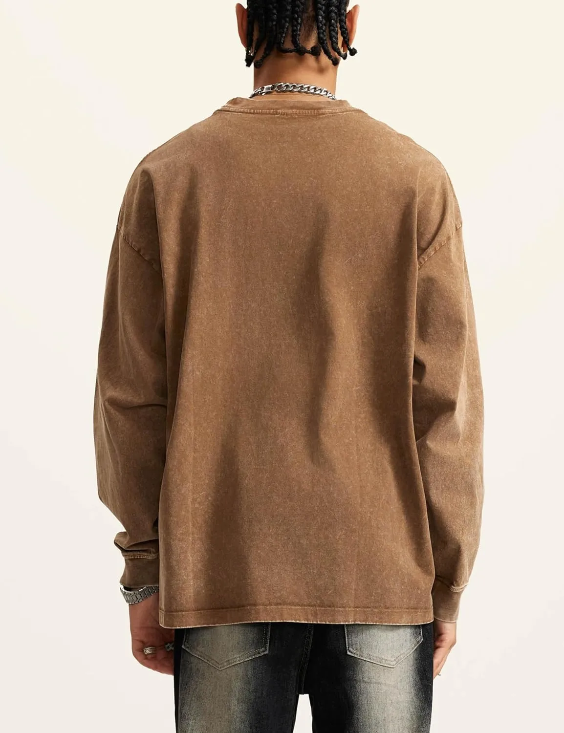 Dnzzs Men's Oversized T-Shirts Long Sleeve Crew Neck Sweatshirt Acid Wash Basic Cotton Tees Vintage Streetwear Tee Tops