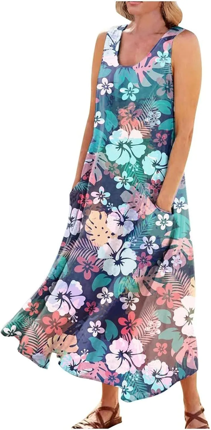 Dresses for Women 2024 Beach Linen Floral Print Sundress with Pockets Summer Casual Sleeveless Flowy Maxi Dress