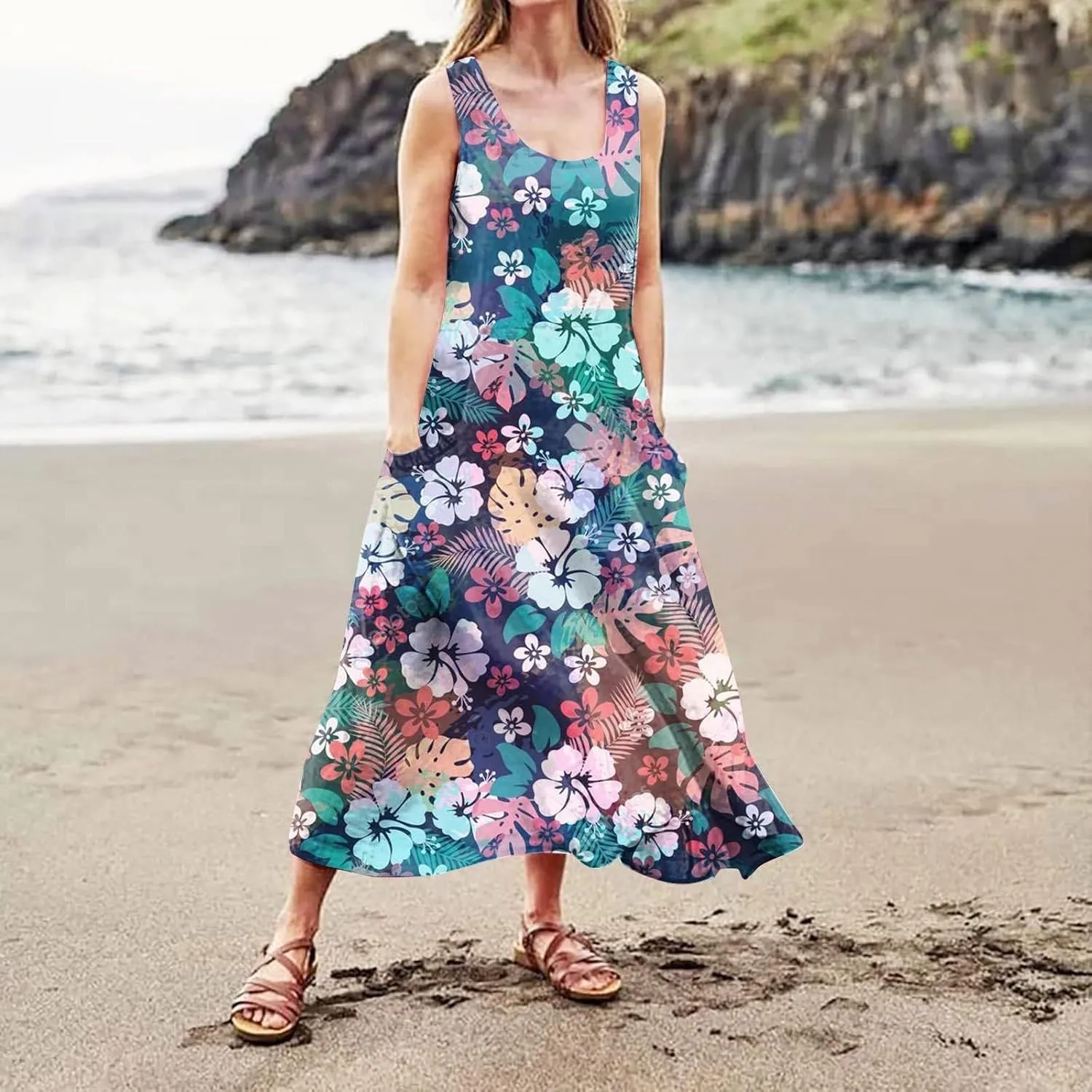 Dresses for Women 2024 Beach Linen Floral Print Sundress with Pockets Summer Casual Sleeveless Flowy Maxi Dress