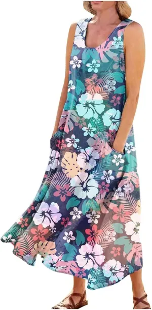 Dresses for Women 2024 Beach Linen Floral Print Sundress with Pockets Summer Casual Sleeveless Flowy Maxi Dress