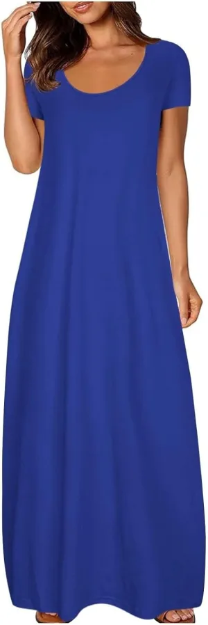 Dresses for Women 2025 Casual Summer Maxi Dresses Short Sleeve Round Neck Dress Plus Size Long Beach Vacation Sundress