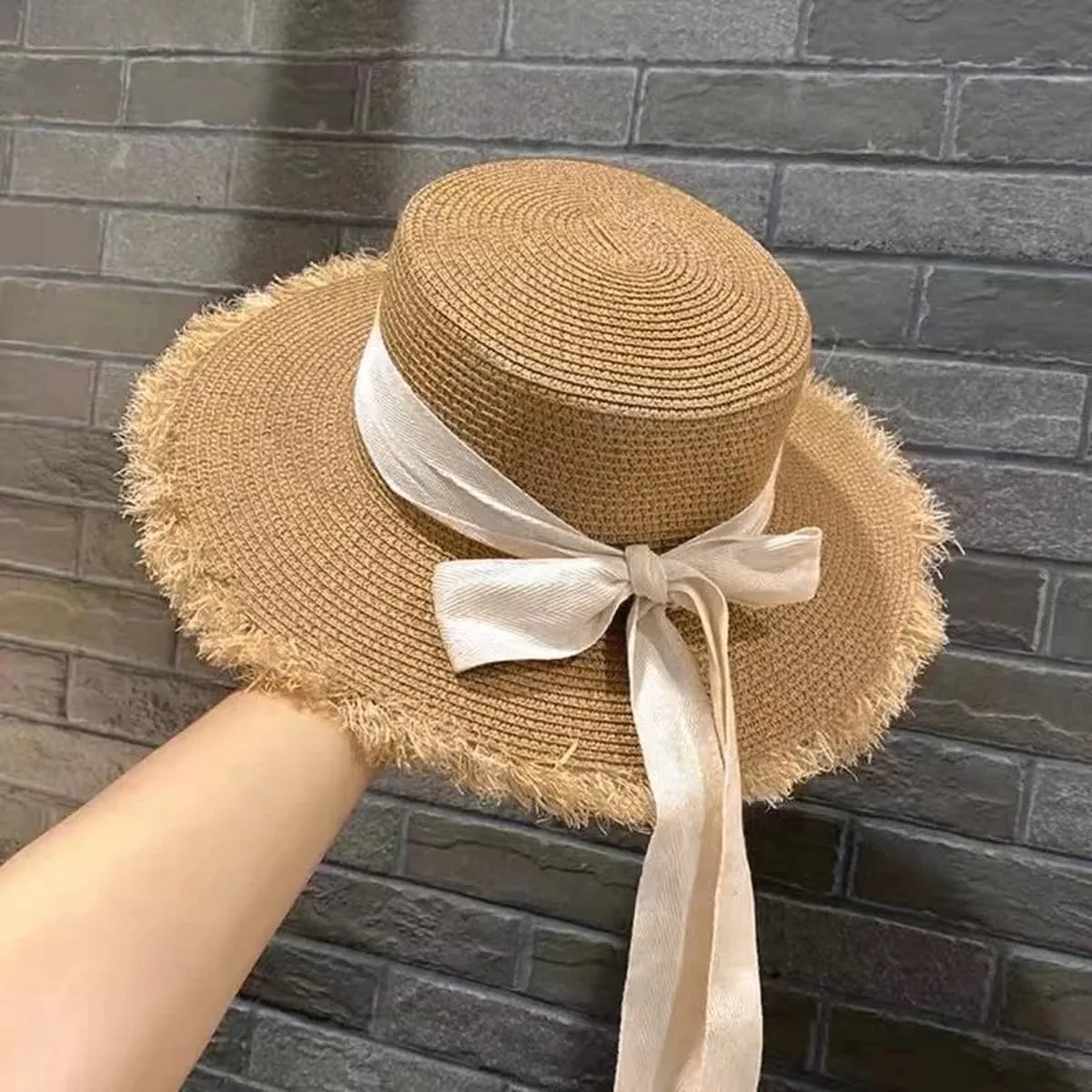 ECYC Ltd Women's Summer Straw Hats Wide Brim Fringe Sun Hat Straw Beach Hat with Knot Bow Straw Boater Hat Travel Straw Hat