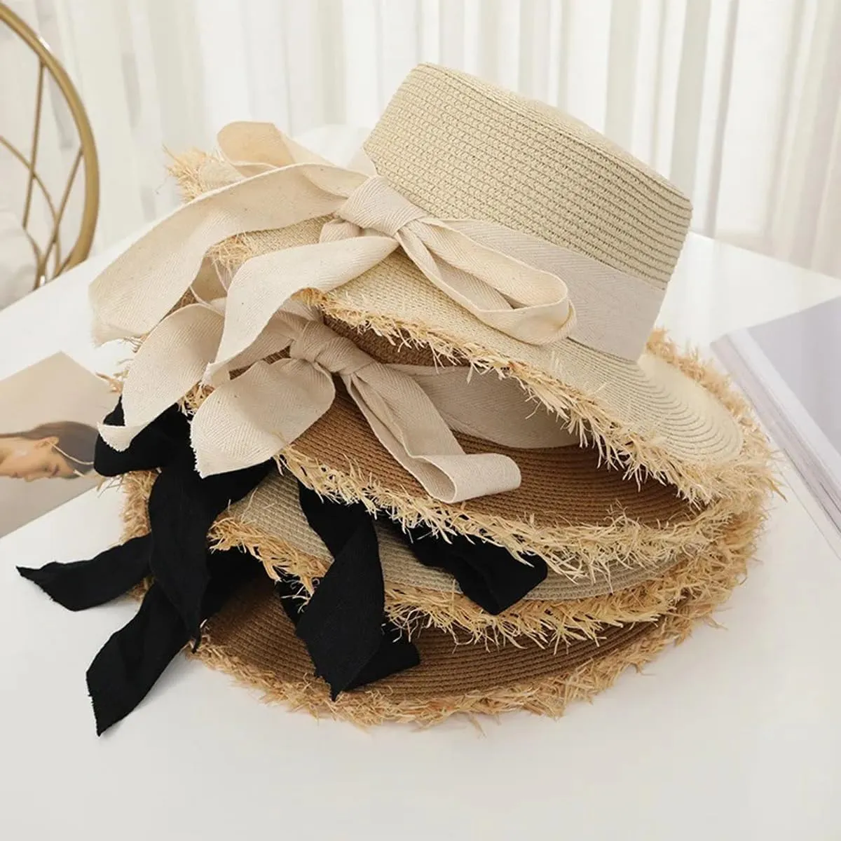 ECYC Ltd Women's Summer Straw Hats Wide Brim Fringe Sun Hat Straw Beach Hat with Knot Bow Straw Boater Hat Travel Straw Hat