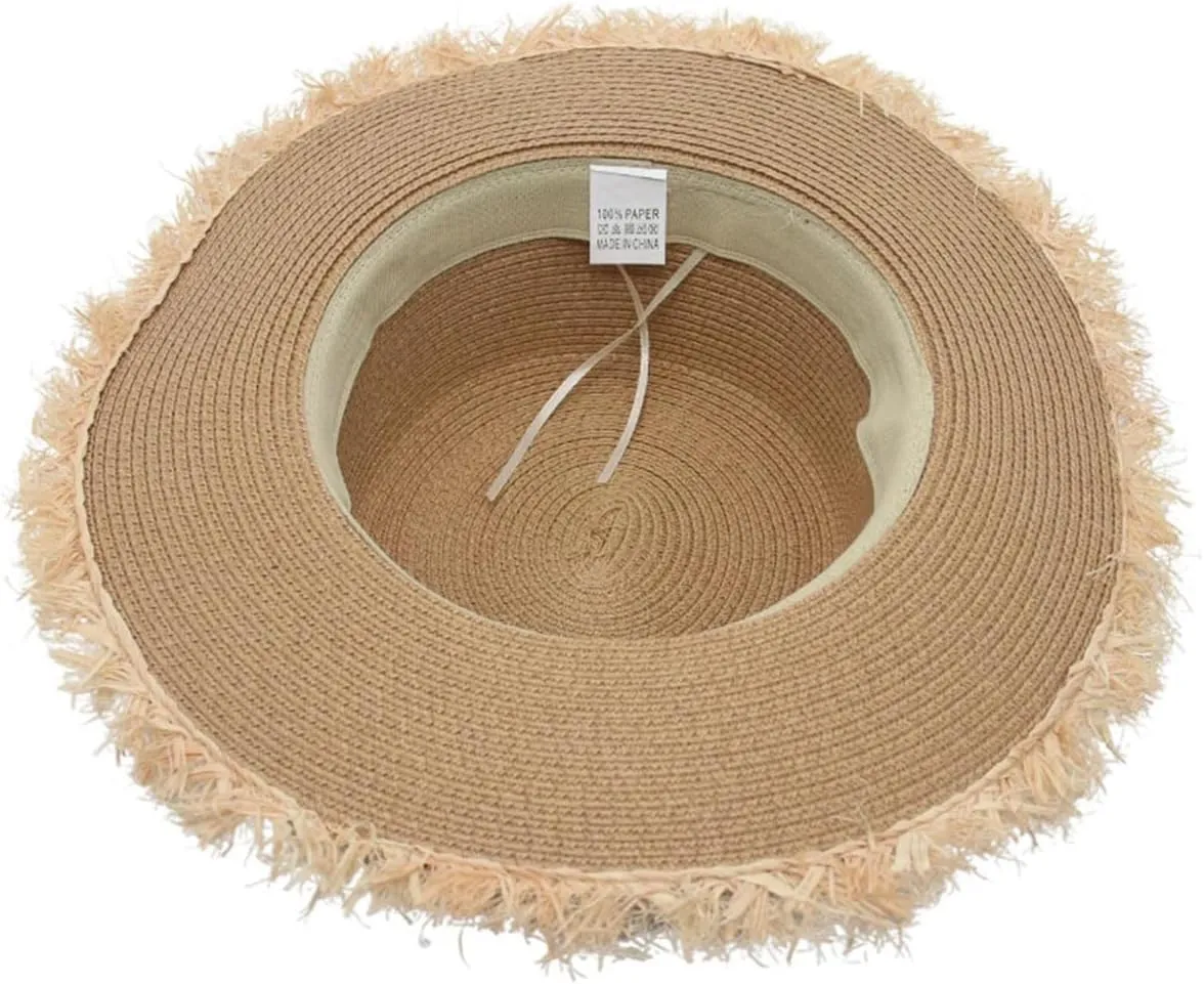 ECYC Ltd Women's Summer Straw Hats Wide Brim Fringe Sun Hat Straw Beach Hat with Knot Bow Straw Boater Hat Travel Straw Hat