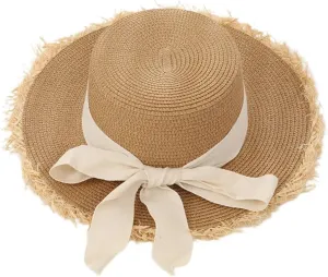 ECYC Ltd Women's Summer Straw Hats Wide Brim Fringe Sun Hat Straw Beach Hat with Knot Bow Straw Boater Hat Travel Straw Hat
