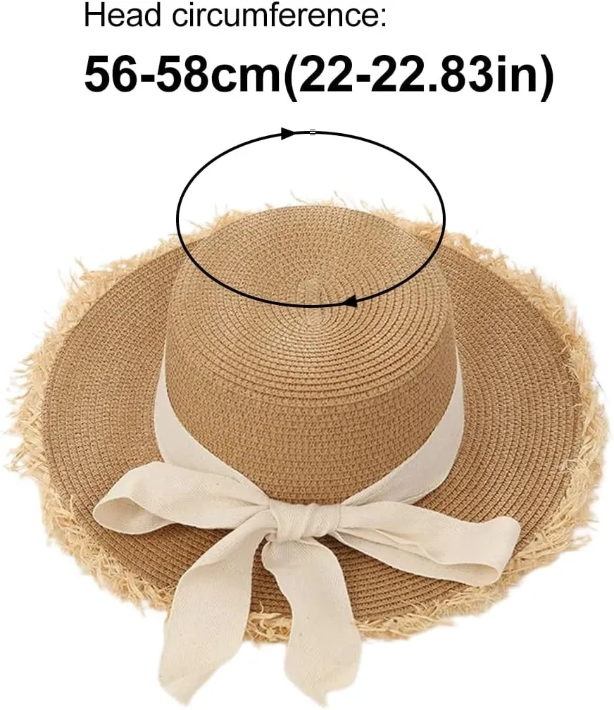 ECYC Ltd Women's Summer Straw Hats Wide Brim Fringe Sun Hat Straw Beach Hat with Knot Bow Straw Boater Hat Travel Straw Hat
