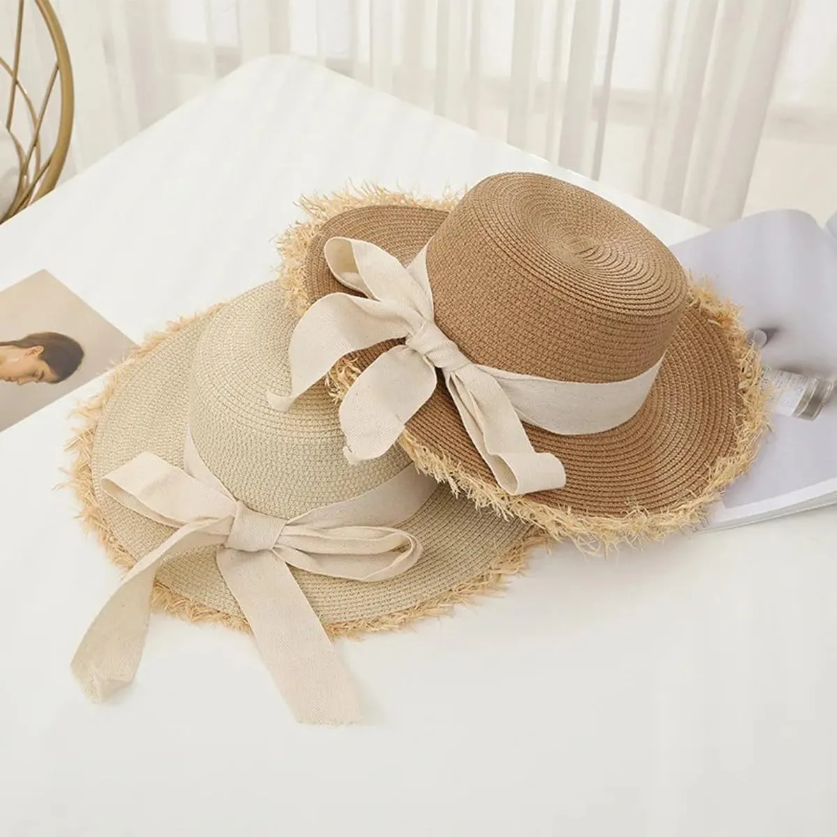 ECYC Ltd Women's Summer Straw Hats Wide Brim Fringe Sun Hat Straw Beach Hat with Knot Bow Straw Boater Hat Travel Straw Hat