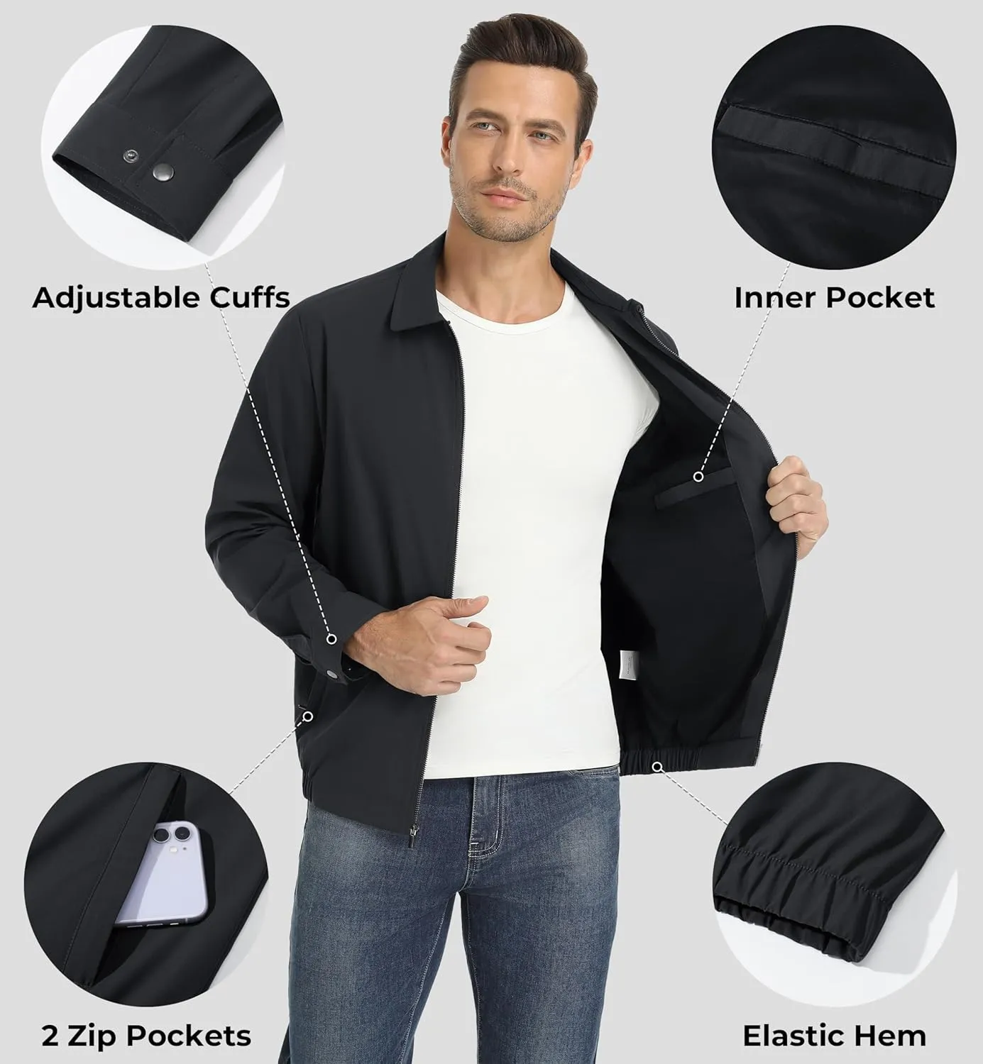 EKLENTSON Mens Lightweight Jackets Full Zip Laydown Collar Golf Light Windbreaker Jackets with Zip Pockets