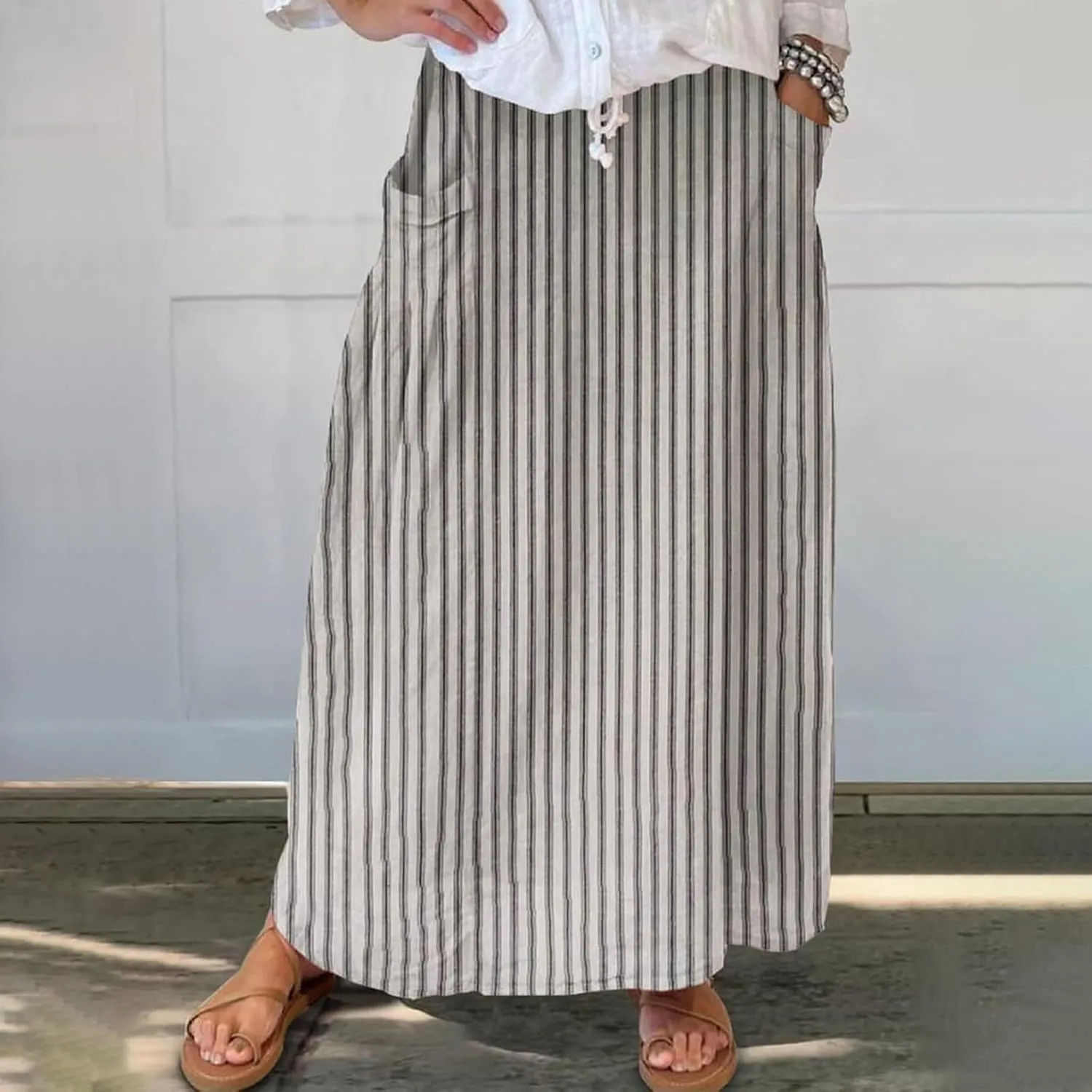 Elastic High Waist Flowy Maxi Skirts Women Boho Floral Summer Tiered Pleated A Line Long Skirt with Pockets Beach