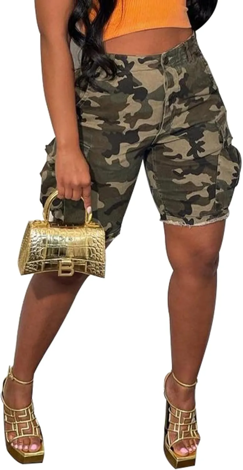 Famnbro Women Camo Shorts Slim Fit Camouflage Cargo Shorts Casual Army Fatigue Shorts with Pockets