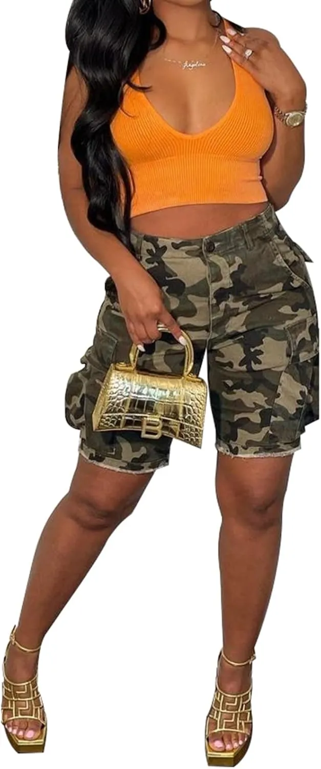 Famnbro Women Camo Shorts Slim Fit Camouflage Cargo Shorts Casual Army Fatigue Shorts with Pockets