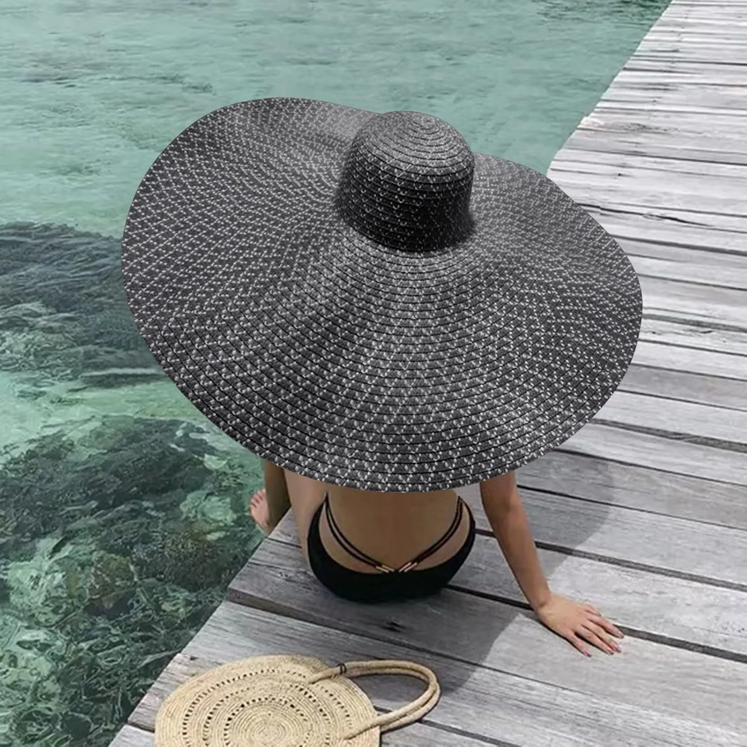 Fashion Oversized Brim Sun Hat Beach Anti-UV Sun Protection Cap Hat UPF 50  Wide Coverage Straw Caps