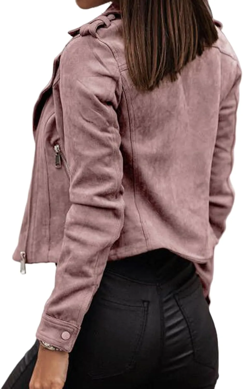 Faux Suede Jackets for Women Long Sleeve Zipper Short Moto Biker Coat Fashion Cropped Jackets Solid Color Outerwear