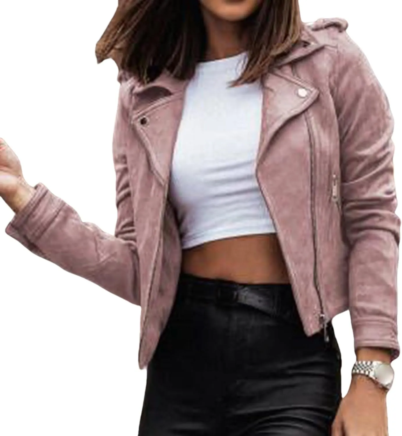 Faux Suede Jackets for Women Long Sleeve Zipper Short Moto Biker Coat Fashion Cropped Jackets Solid Color Outerwear
