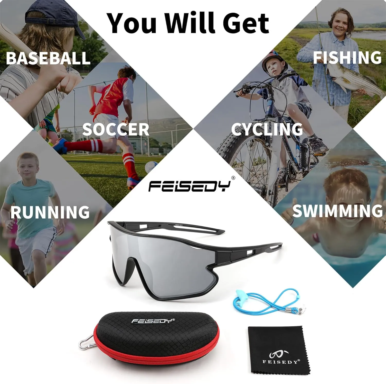 FEISEDY Unisex Youth Sunglasses, Teens Baseball Tennis Sunglasses, UV400 Sports Boys Girls Cycling Shades B4064