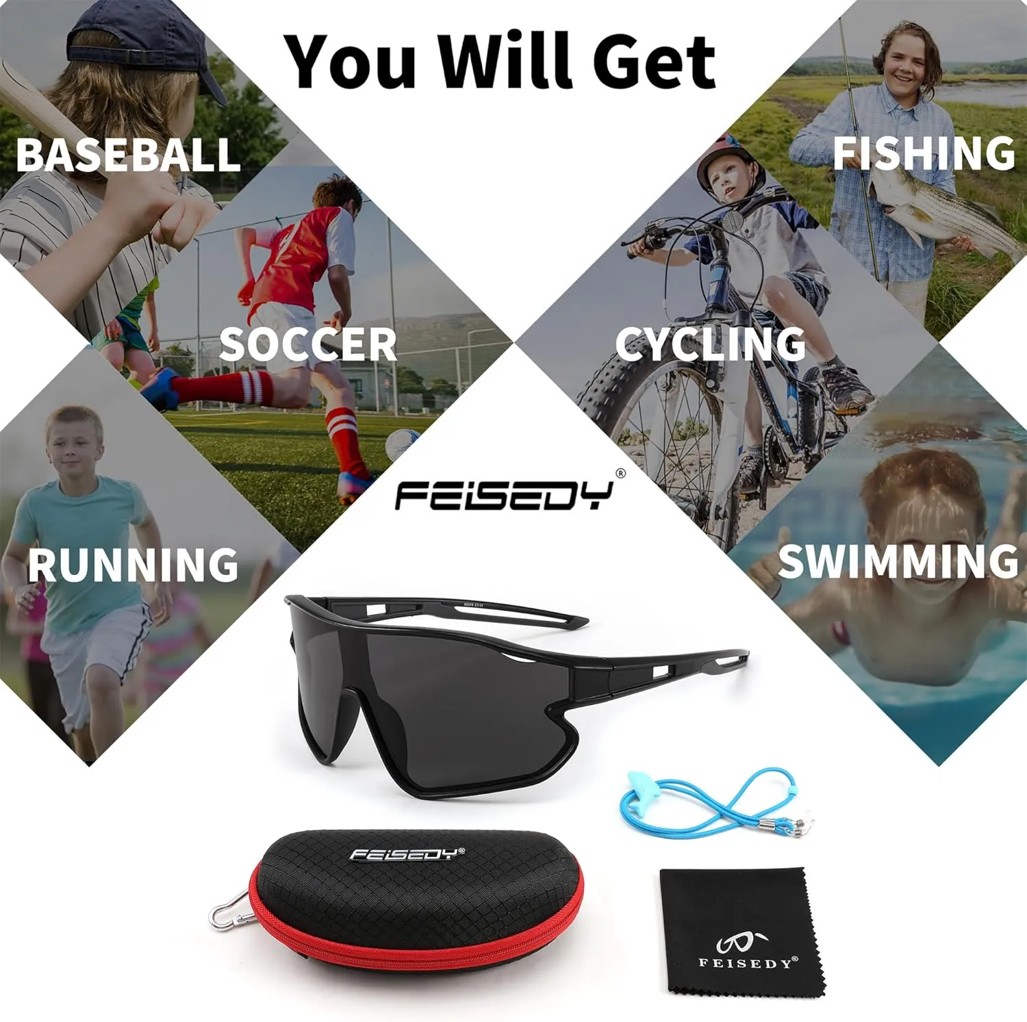 FEISEDY Unisex Youth Sunglasses, Teens Baseball Tennis Sunglasses, UV400 Sports Boys Girls Cycling Shades B4064