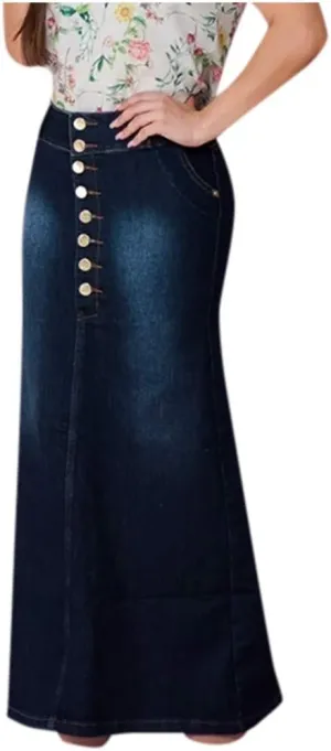 FFFG Women's Skirt Skirts Long Front Washed Denim Jean A-Line Casual Button Skirt Denim Skirt Size 14