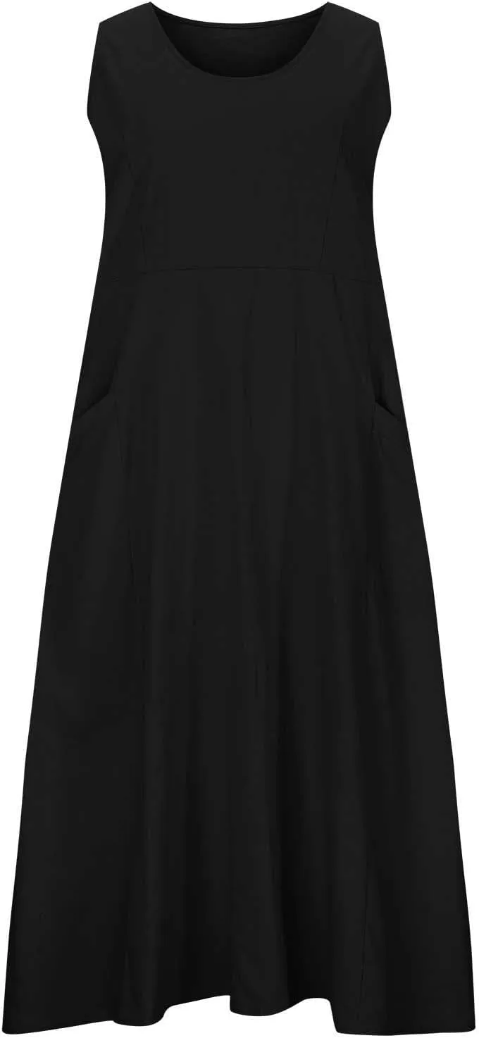 Finelylove Womens Summer Dresses Bohemian Cotton Linen Dress Sleeveless Loose Tanke Dress Flowy Long Beach Casual Sundress