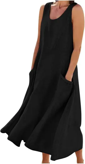 Finelylove Womens Summer Dresses Bohemian Cotton Linen Dress Sleeveless Loose Tanke Dress Flowy Long Beach Casual Sundress