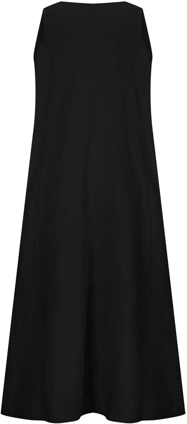 Finelylove Womens Summer Dresses Bohemian Cotton Linen Dress Sleeveless Loose Tanke Dress Flowy Long Beach Casual Sundress