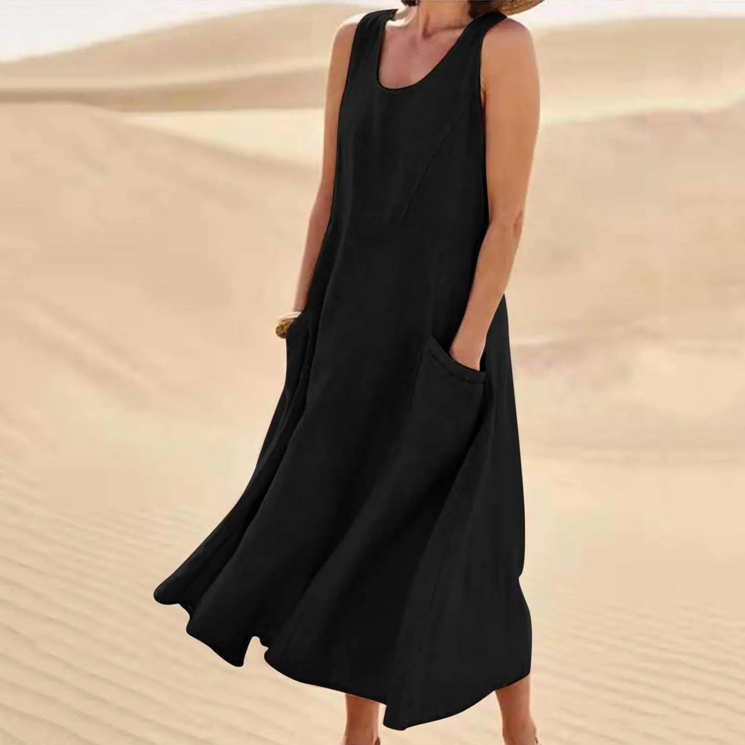 Finelylove Womens Summer Dresses Bohemian Cotton Linen Dress Sleeveless Loose Tanke Dress Flowy Long Beach Casual Sundress