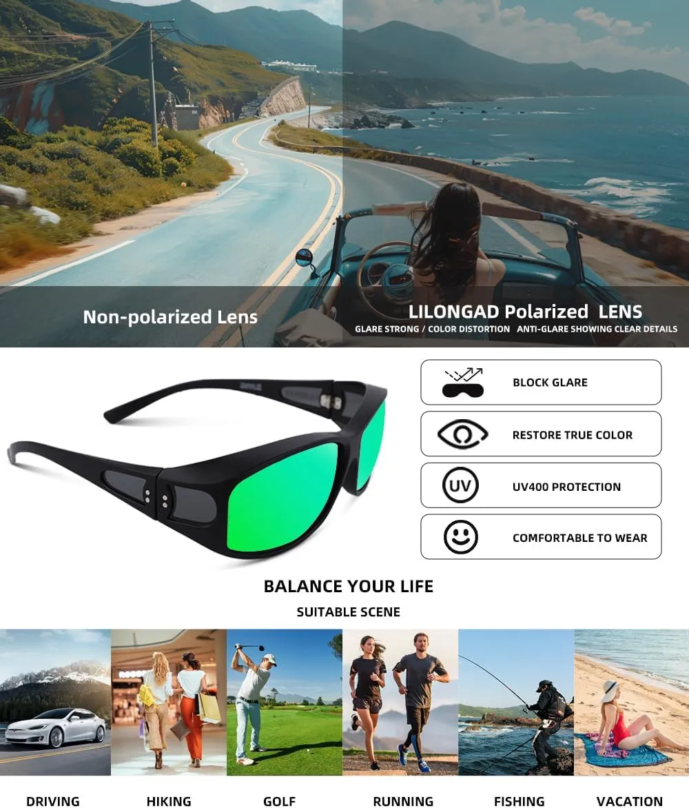 Fit Over Glasses Sunglasses for Men Women,Wrap Around Sunglasses Polarized UV400 Protection Rectangle Sun Glasses