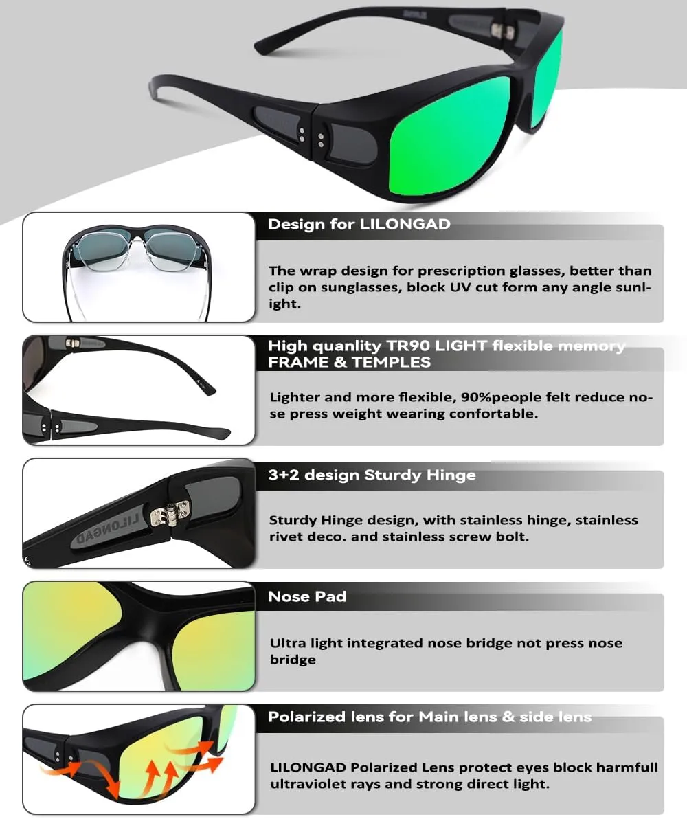 Fit Over Glasses Sunglasses for Men Women,Wrap Around Sunglasses Polarized UV400 Protection Rectangle Sun Glasses