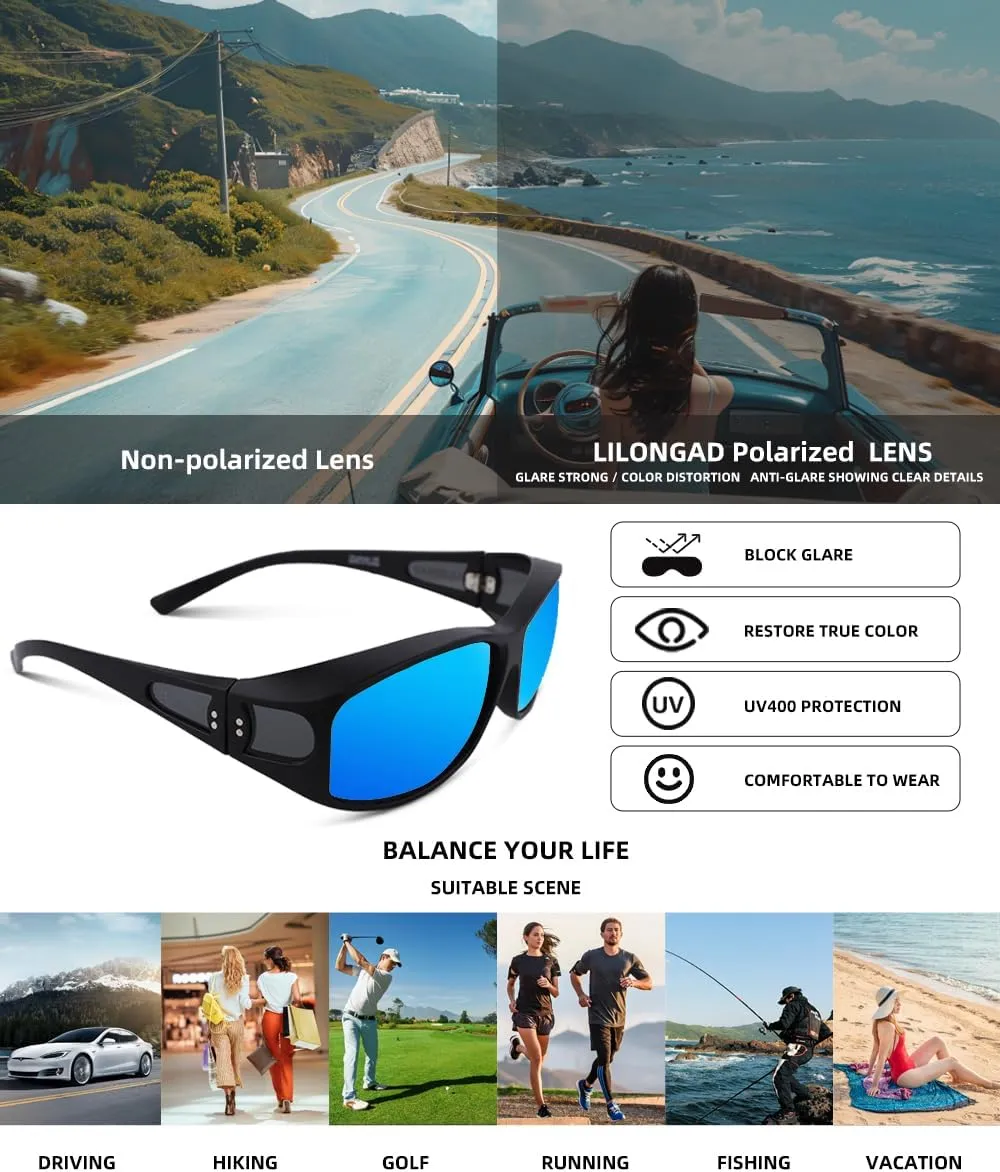 Fit Over Glasses Sunglasses for Men Women,Wrap Around Sunglasses Polarized UV400 Protection Rectangle Sun Glasses