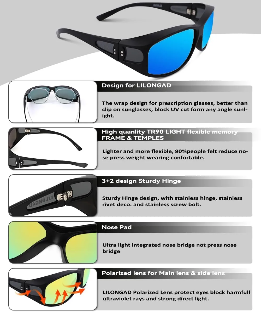 Fit Over Glasses Sunglasses for Men Women,Wrap Around Sunglasses Polarized UV400 Protection Rectangle Sun Glasses