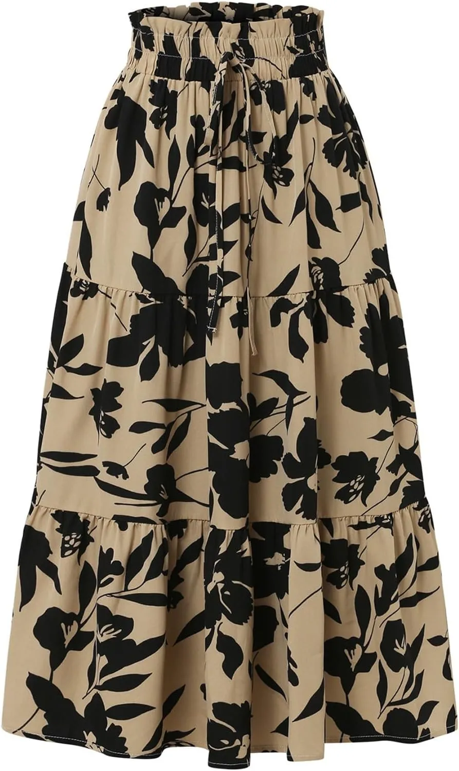 Floral Long Skirts for Women Summer Boho Beach Flowy Maxi Skirts Drawstring High Waisted Tiered Pleated A Line Skirt