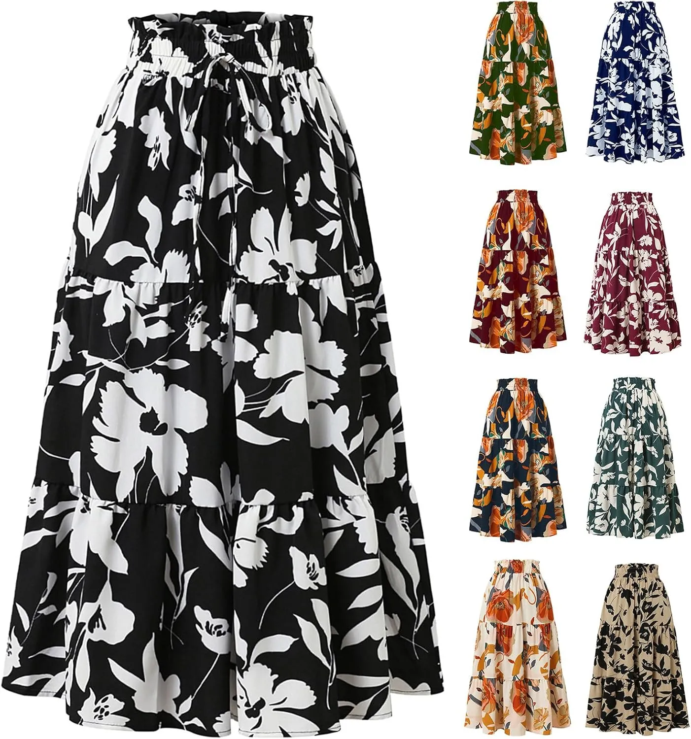 Floral Long Skirts for Women Summer Boho Beach Flowy Maxi Skirts Drawstring High Waisted Tiered Pleated A Line Skirt