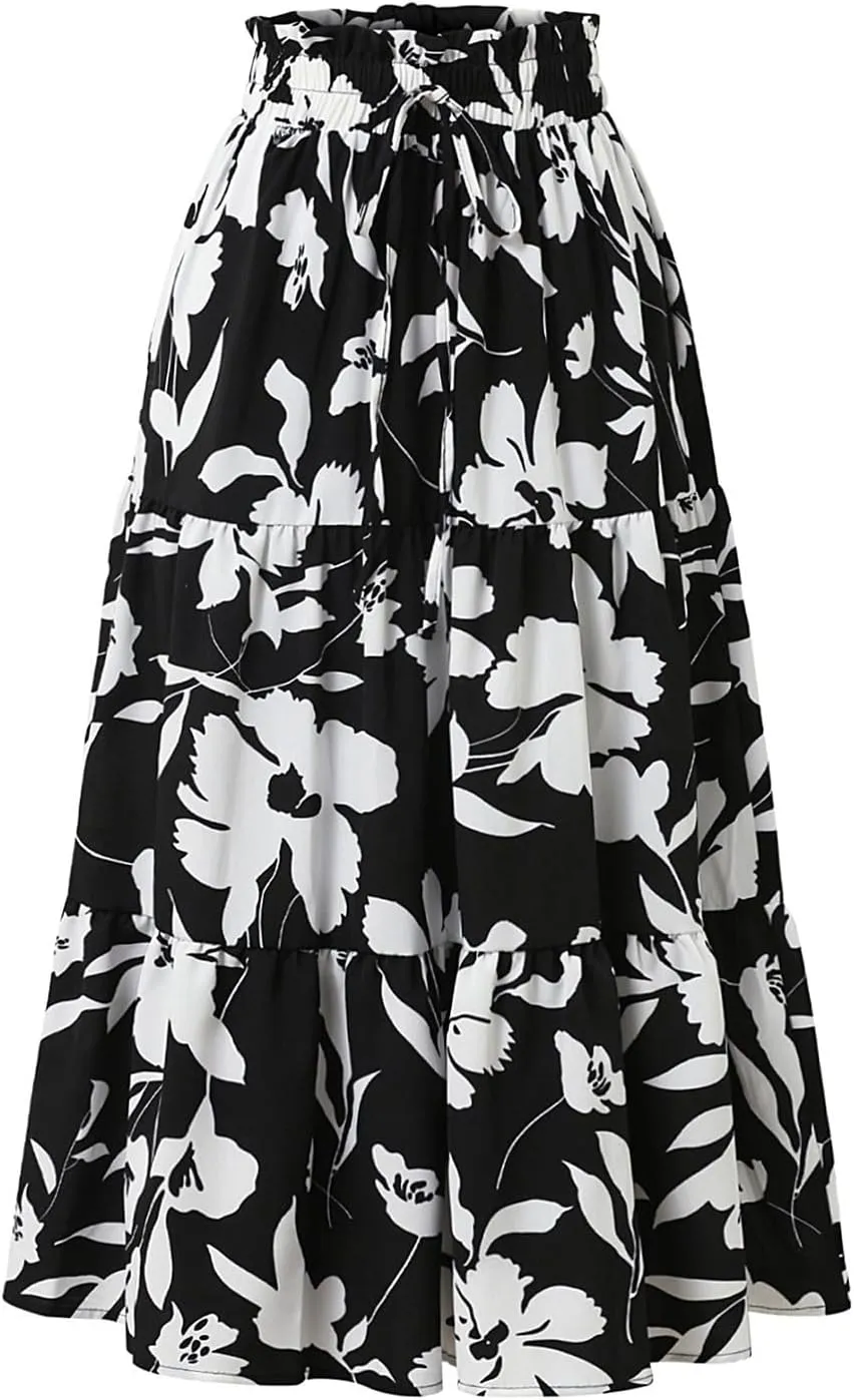 Floral Long Skirts for Women Summer Boho Beach Flowy Maxi Skirts Drawstring High Waisted Tiered Pleated A Line Skirt