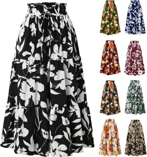 Floral Long Skirts for Women Summer Boho Beach Flowy Maxi Skirts Drawstring High Waisted Tiered Pleated A Line Skirt