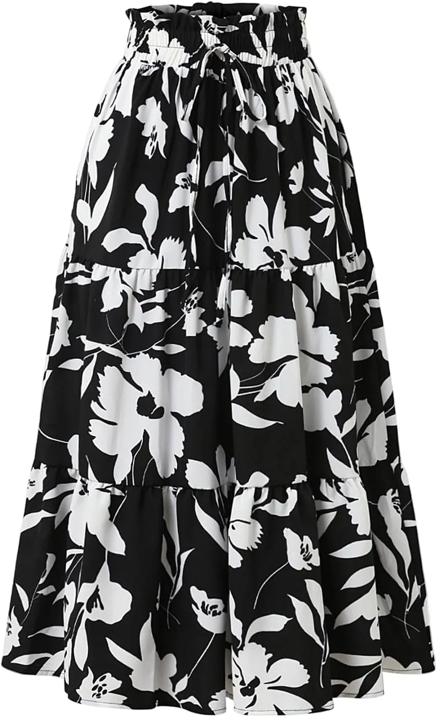 Floral Long Skirts for Women Summer Boho Beach Flowy Maxi Skirts Drawstring High Waisted Tiered Pleated A Line Skirt