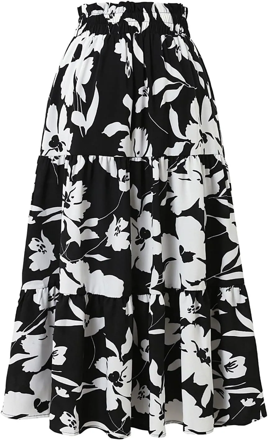 Floral Long Skirts for Women Summer Boho Beach Flowy Maxi Skirts Drawstring High Waisted Tiered Pleated A Line Skirt