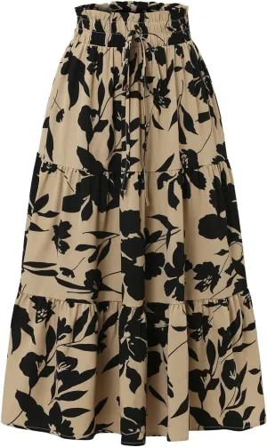 Floral Long Skirts for Women Summer Boho Beach Flowy Maxi Skirts Drawstring High Waisted Tiered Pleated A Line Skirt