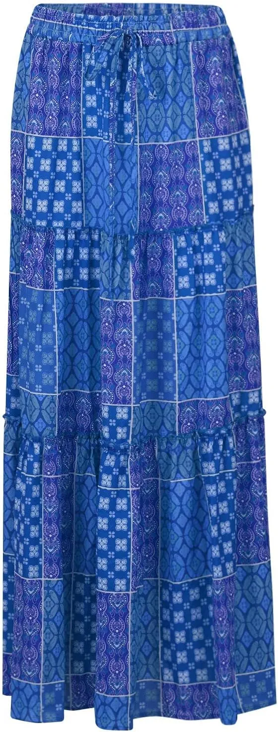 Floral Maxi Skirts for Women Trendy Summer Elastic High Waisted Long Skirts Tiered Flowy Swing A Line Skirt w/Pockets