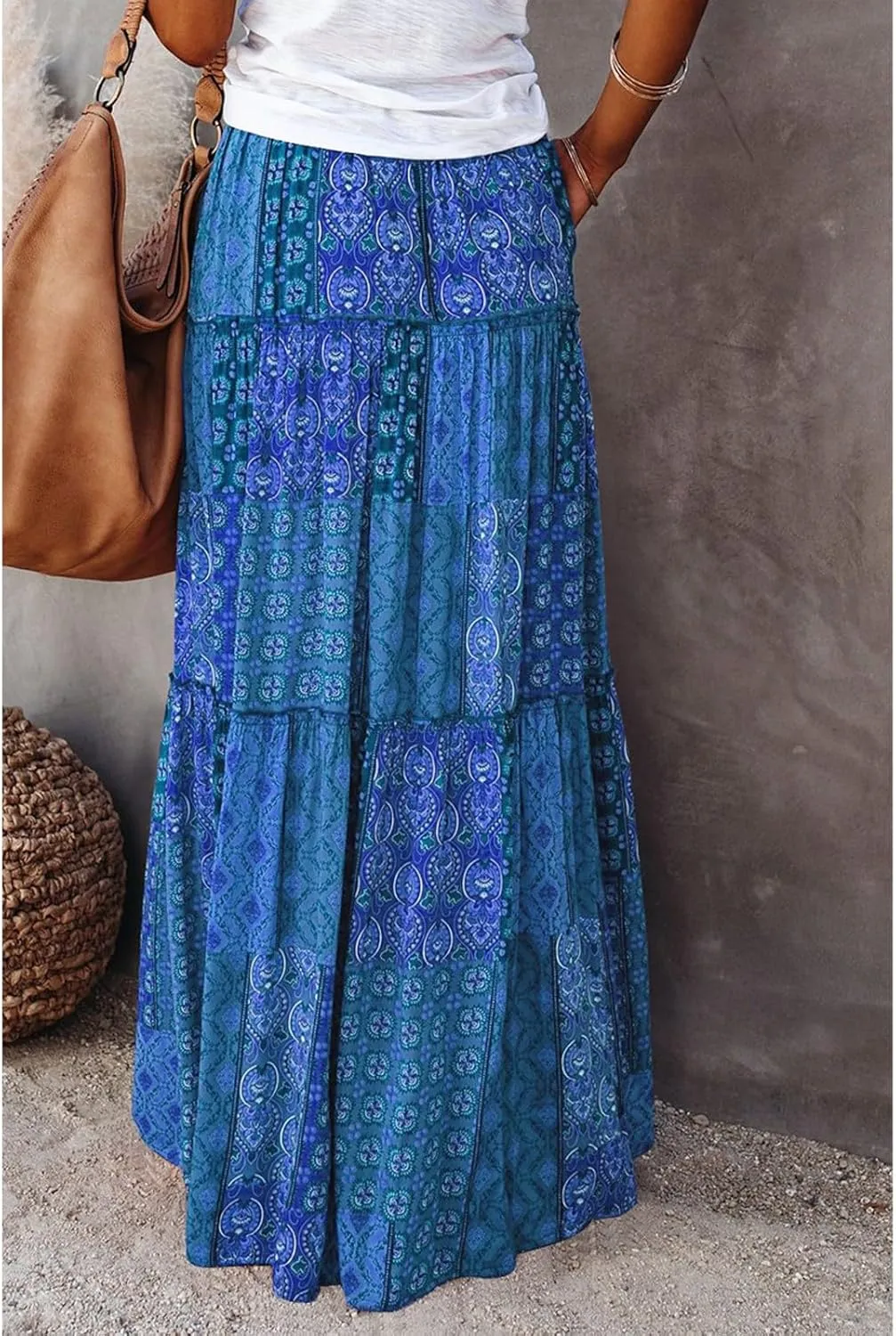 Floral Maxi Skirts for Women Trendy Summer Elastic High Waisted Long Skirts Tiered Flowy Swing A Line Skirt w/Pockets